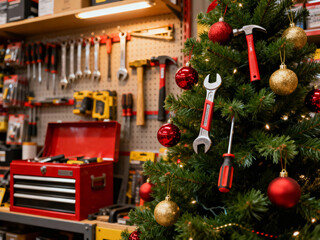 Festive tools Christmas tree in a workshop