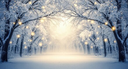 Enchanting winter wonderland landscape with snowy trees and ethereal lighting