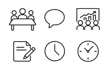 Business meeting icons: teamwork, communication, growth, documentation, time management