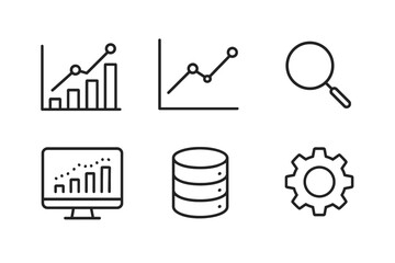 Data analytics icons: graphs, search, computer, database, gear