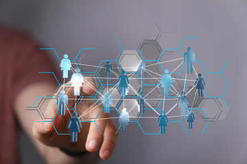 Hand touching network of people, digital world connection, teamwork, global communication and social media comm