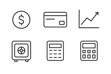 Financial icon set: dollar, credit card, growth chart, safe, calculators