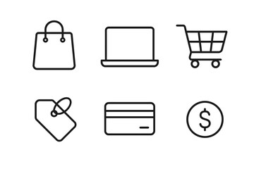 Shopping icons: bag, laptop, cart, tag, card, coin symbols