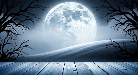 A chilling halloween night scene featuring a full moon illuminating a snowy landscape with bare trees and a wooden deck in the foreground