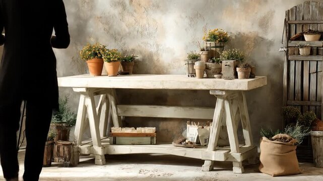 A figure obscures foreground, revealing a rustic setup flowers, plants, a table, and tools against a textured wall