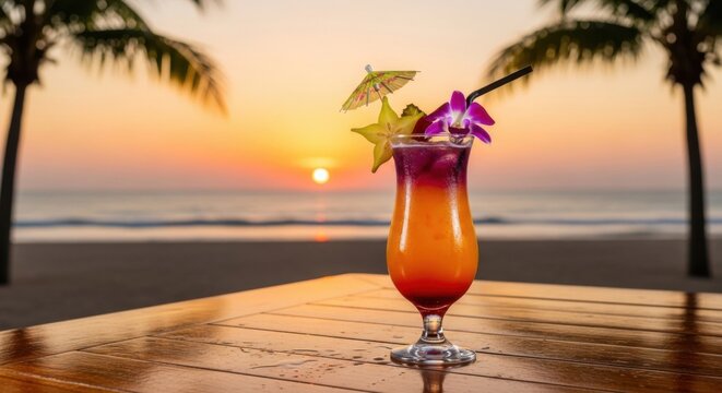 Tropical twilight cocktail on beachside table with palm tree sunset vista