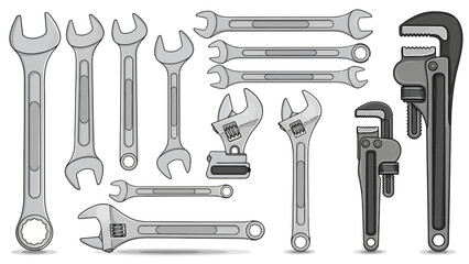Collection of metal wrenches and pipe wrenches