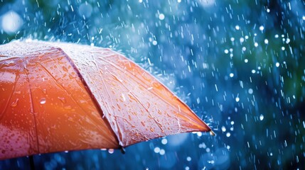 Orange umbrella in heavy rain with water droplets and blurred blue background, outdoor weather concept.