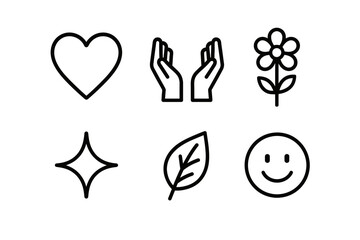 Simple icon set: heart, hands, flower, sparkle, leaf, smile