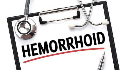 Hemorrhoid diagnosis on clipboard with stethoscope, highlighting medical attention and treatment for anorectal condition