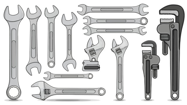 Collection of metal wrenches and pipe wrenches