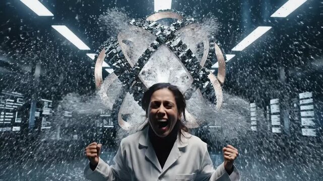 Female scientist wearing a lab coat reacting with excitement and triumph as abstract energy bursts and shatters around a spherical device in a dark, high-tech science laboratory