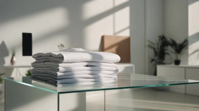 A stack of freshly folded T-shirts sits on a glass shelf in a minimalist boutique interior