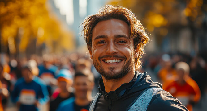 Smiling Man in Athletic Wear in Front of Blurry Marathon Crowd on City Street Celebrating Achievement Healthy Lifestyle