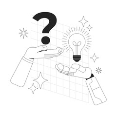 AI research line onboarding ui illustration. Artificial intelligence problem-solving. Human question, robotic hand with lightbulb solution outline 2D concept isolated. Ink linear metaphor vector art