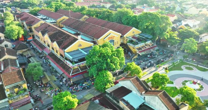 Hoi An, Vietnam - July 7th, 2025: Aerial view of Hoi An Market in Hoi An ancient town, Quang Nam, Vietnam. Famous old town for travel in Vietnam, UNESCO World Heritage.