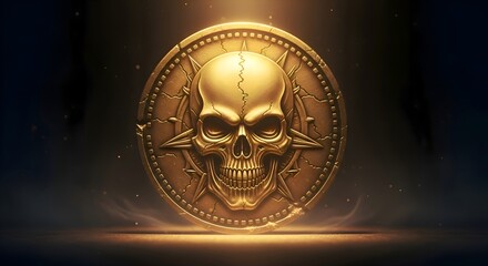 A golden coin engraved with skull emblem, glowing under moody warm light