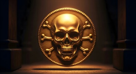 A single golden coin engraved with skull emblem, glowing under moody warm light