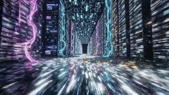 Digital data flowing rapidly through a hyper-connected server room creating an immersive virtual reality experience within a cyberpunk-inspired abstract technology landscape