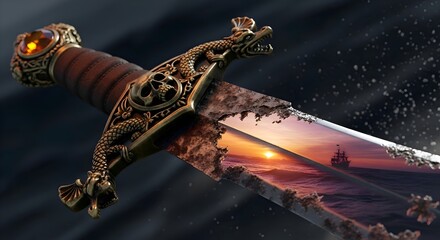 A single pirate sword with ornate hilt and rusted blade, glowing sunset reflection, dramatic tone