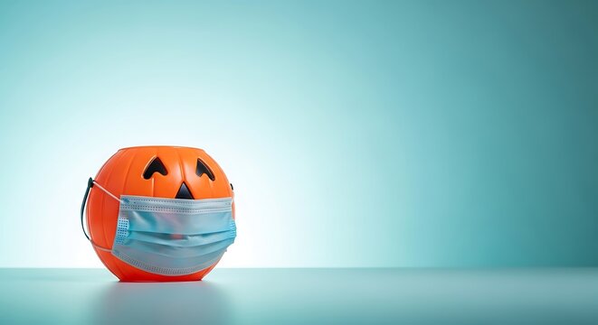 Halloween pumpkin wearing a face mask on a light blue background to illustrate the covid19 pandemic and the need for social distancing