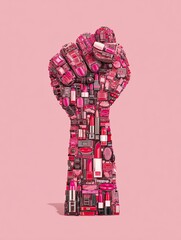 bold vector poster with raised fist made of lipstick textures, feminist pop style