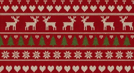 Seamless Christmas Knit Pattern: Reindeer, Trees, Hearts and Snowflakes in Red Green Beige Sweater Style - Vector Background Texture for Holiday Designs