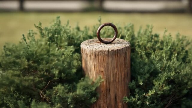 A rustic ring rests upon a wooden post, surrounded by green foliage, soft focus background