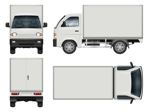 Fototapeta Small box truck vector mockup for corporate identity or vehicle branding. View from the side, front, rear and top. All elements in the groups are in separate layers for easy editing and recolor