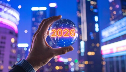 Hand holding glowing sphere with “2026” over lit cityscape