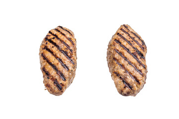 Close up of succulent grilled kofta kebabs or kebaps, showcasing rich spices and a tantalizing golden-brown crust. isolated on white background. top view