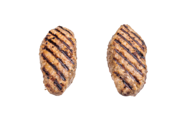 Close up of succulent grilled kofta kebabs or kebaps, showcasing rich spices and a tantalizing golden-brown crust. isolated on white background. top view