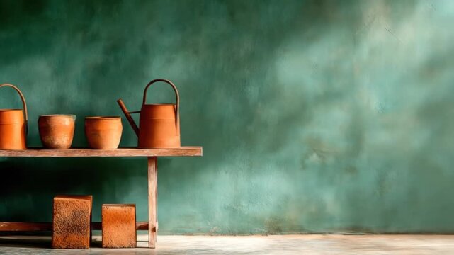 Arrangement of terracotta gardening tools, shelf and blocks against a textured teal wall