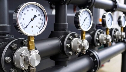 Industrial pressure gauges on black pipes with yellow valves