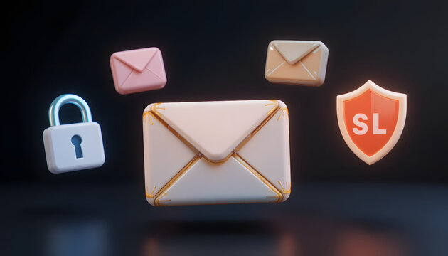 Icons of email , shield and lock floating on a black background representing the concept of messaging