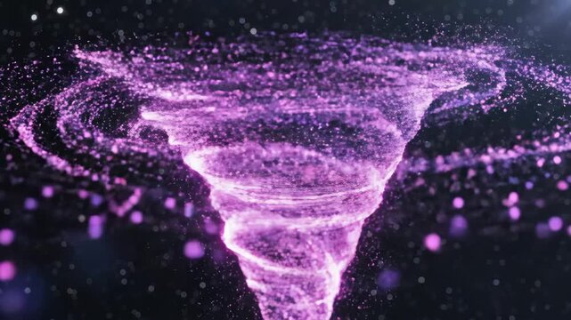 Abstract purple particles forming a swirling vortex shape, illustrating cosmic energy, black holes, or universal dynamics against a dark background with scattered bokeh star-like dots