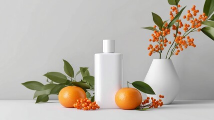 White bottle centerpiece with oranges and autumn sprigs in a modern setting