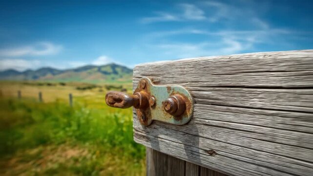 A weathered wooden post with a rusty metal latch, set against a blurred rural landscape