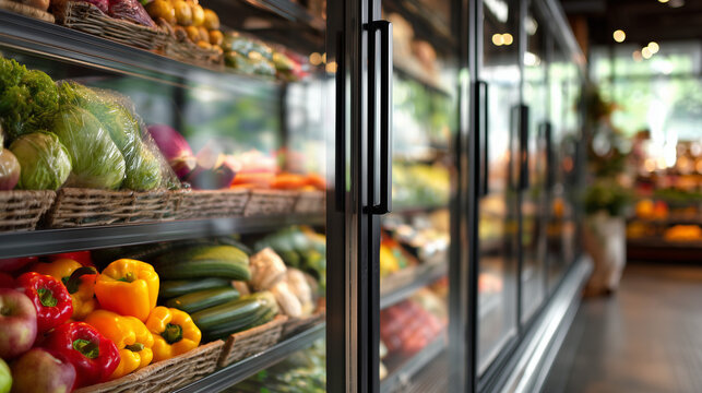 Fresh vegetables and colorful produce displayed neatly on supermarket shelves, highlighting healthy food choices, freshness, nutrition, and modern grocery shopping.