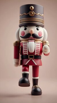 3D nutcracker soldier marching in red and gold uniform with mustache and tall hat.