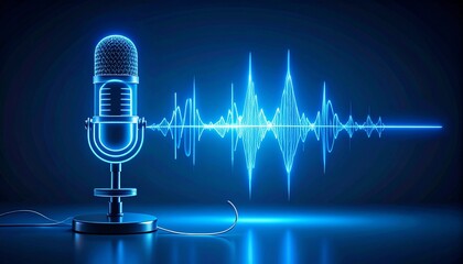 Glowing blue vintage microphone with sound wave on dark background