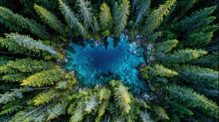 Aerial view of pristine turquoise blue pool surrounded by dense evergreen forest. Crystal clear mountain water nestled among tall green pine trees from above