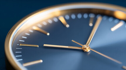 A close-up of a gold and blue clock with the time at ten minutes past five, on a dark background
