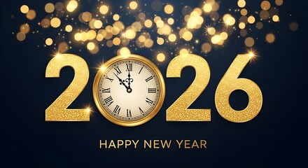 Happy new year 2026 celebration with golden glitter and clock