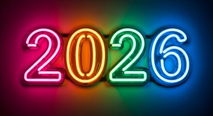 Colorful neon lights illuminating the year 2026 for celebration