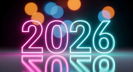 Futuristic 2026 neon numbers reflecting on surface with bokeh