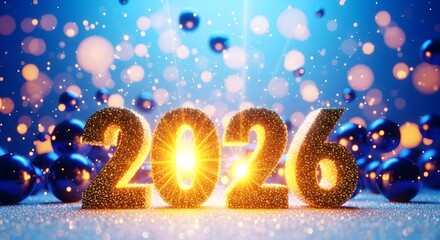 Golden glittering 2026, new year celebration on blue background