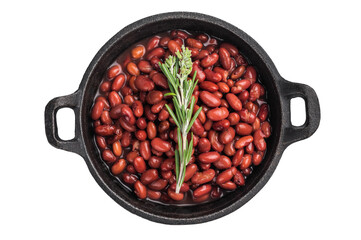 Red kidney beans with a sprig of rosemary in a cast iron pan. Overhead shot emphasizing fresh herbs and savory flavor.