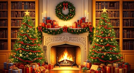 Cozy christmas room with two decorated trees and a warm fireplace