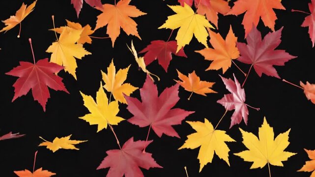 Dynamic Arrangement of Red Orange Yellow Maple Leaves on Dark Backdrop Smooth Lighting Overhead Shot Symbolic of Autumnal Equinox and Seasonal Change With Room For Text